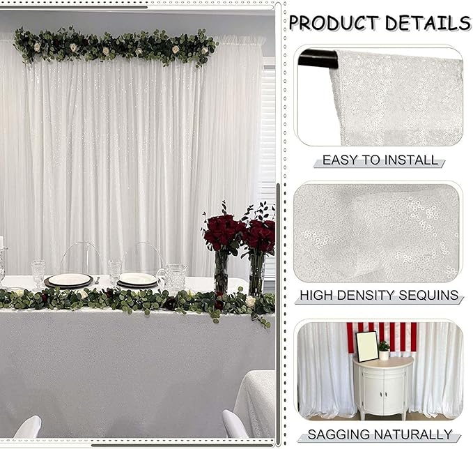 White Sequin Backdrop Curtain 2FTx8FT 4 Panels White Sequin - Image 5