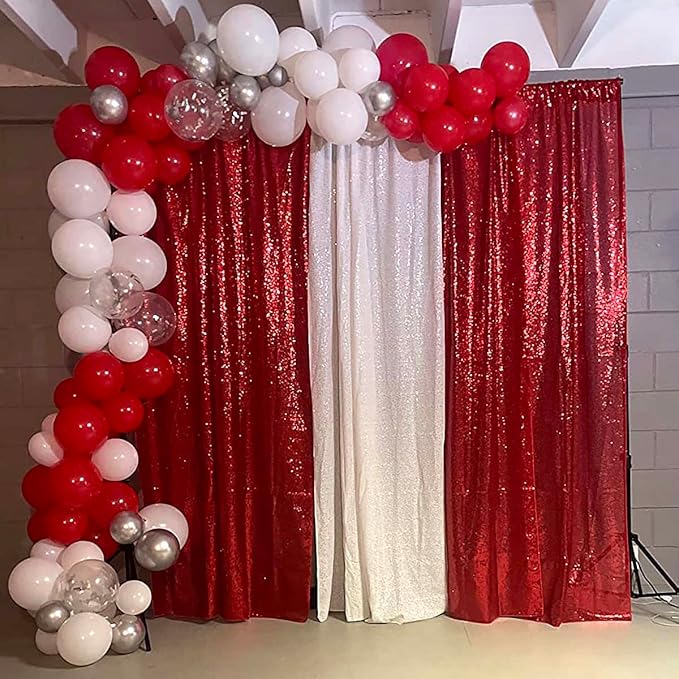 Red Sequin Backdrop Curtains Glitter Drapes 2FTx8F 2 Panels - Image 2