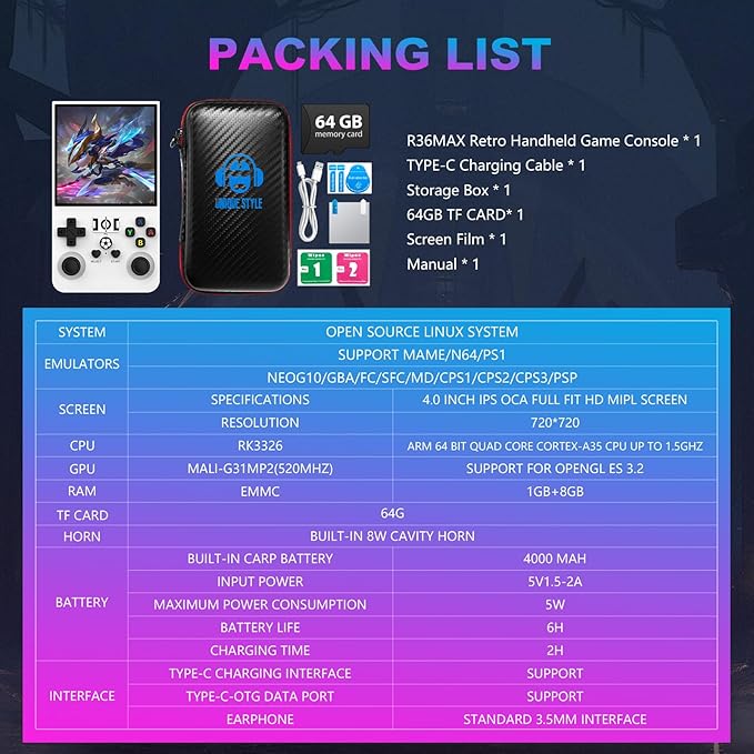R36MAX Retro Handheld Game Console, 4.0 Inch 720x720 IPS Screen, Built-in 18 - Image 9