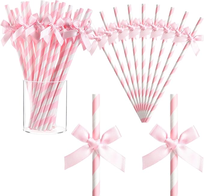 150 Pcs Pink Paper Straws for Drinking, Bow Disposable Striped Paper Straws by Potchen