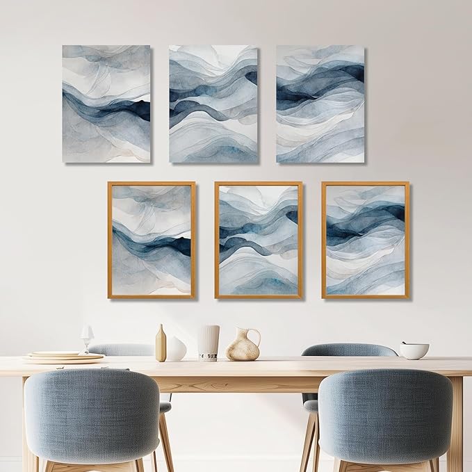 IAFWZX Wood Framed Blue Gray Abstract Wall Art, Modern Minimalist Waves Wall - Image 6