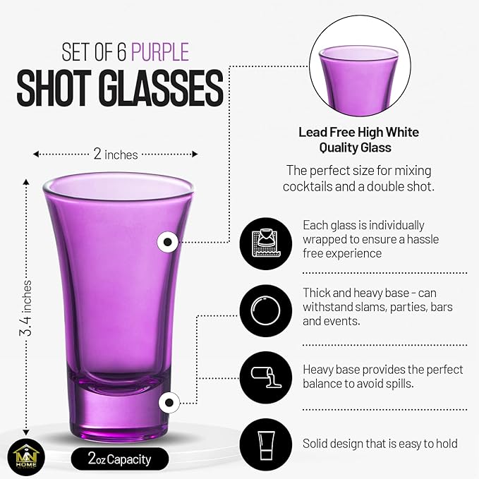 M&N HOME Purple Shot Glasses, 2 Oz Set of 6, Round Glasses - Image 4
