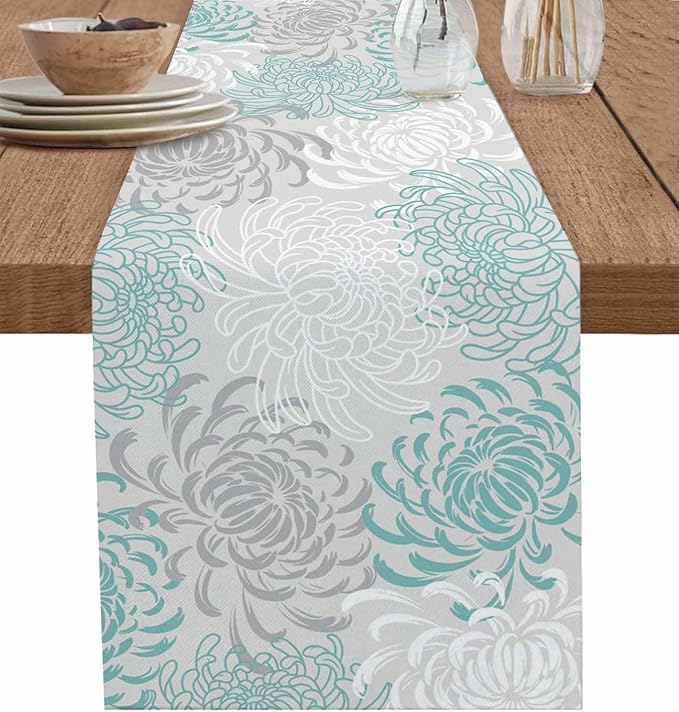 Auqa Chrysanthemum Cotton Linen Table Runner by Unknown