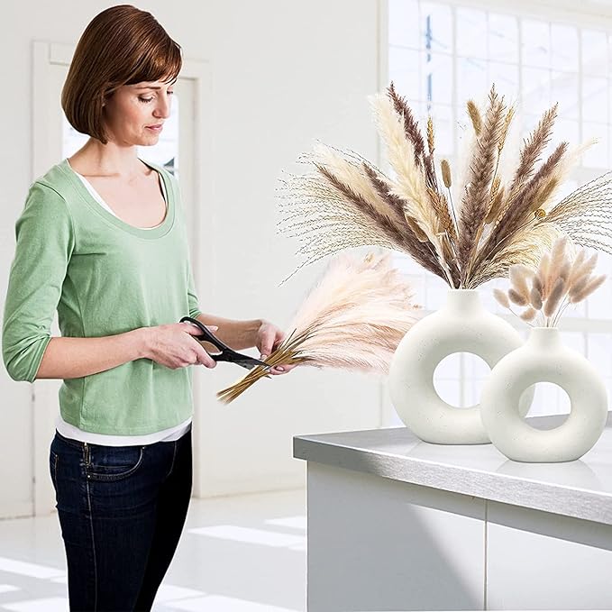 White Ceramic Vases Set 2 for Modern Home Decor, Boho Round Matte Pampas Flower - Image 3