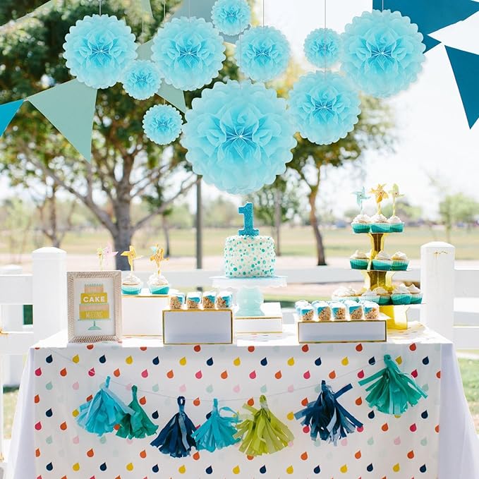 Tissue Paper Pom Poms, Light Blue Tissue Paper Flowers, Hanging Flower Balls - Image 6