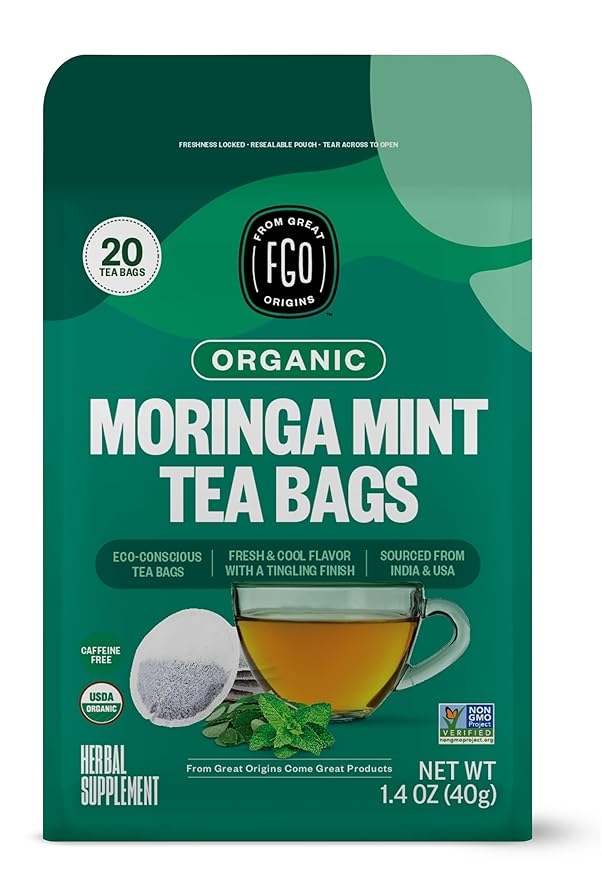 FGO Organic Moringa Mint Tea, Eco-Conscious Herbal Tea Bags, Resealable Bag by FGO