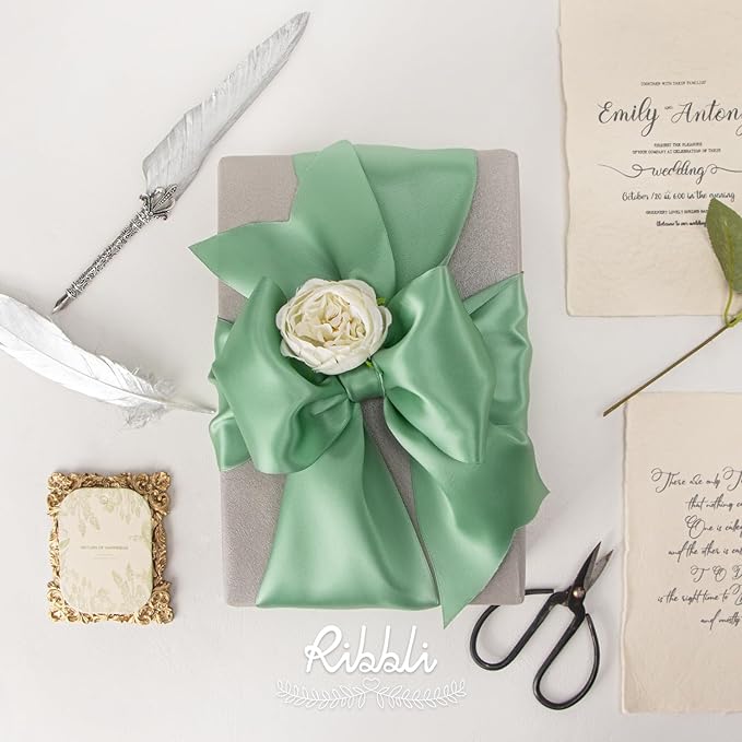 Ribbli Sage Green Satin Ribbon 4 Inch Wide Sage Ribbon - Image 2