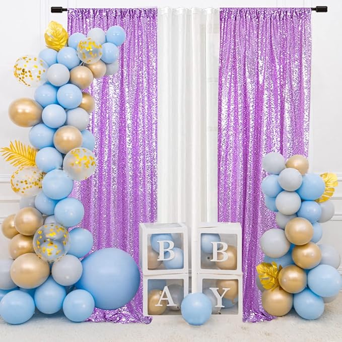 SquarePie Sequin Backdrop Curtain 2 Panels 2FT x 8FT Lavender Background - Image 2
