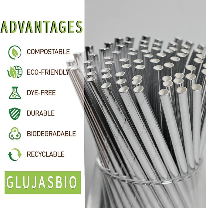 Paper Drinking Straws Cocktail Silver, Compostable Disposable Straws - Image 2