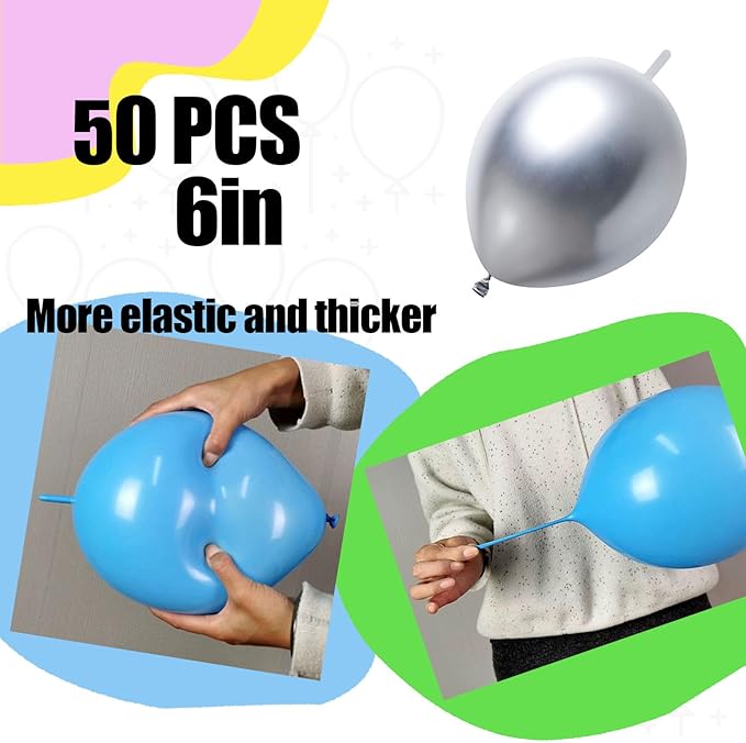 50 Pcs Quick Link Balloons Silver Metallic 6 inch, Latex Linking Balloons - Image 2