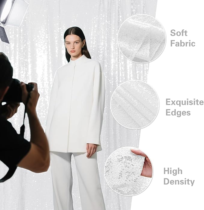 White Sequin Backdrop Curtain 2 Pieces 2FTx8FT Glitter Photography Backdrop - Image 5