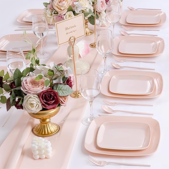 PULOTE 60PCS Pink Square Plastic Plates Disposable - Image 4