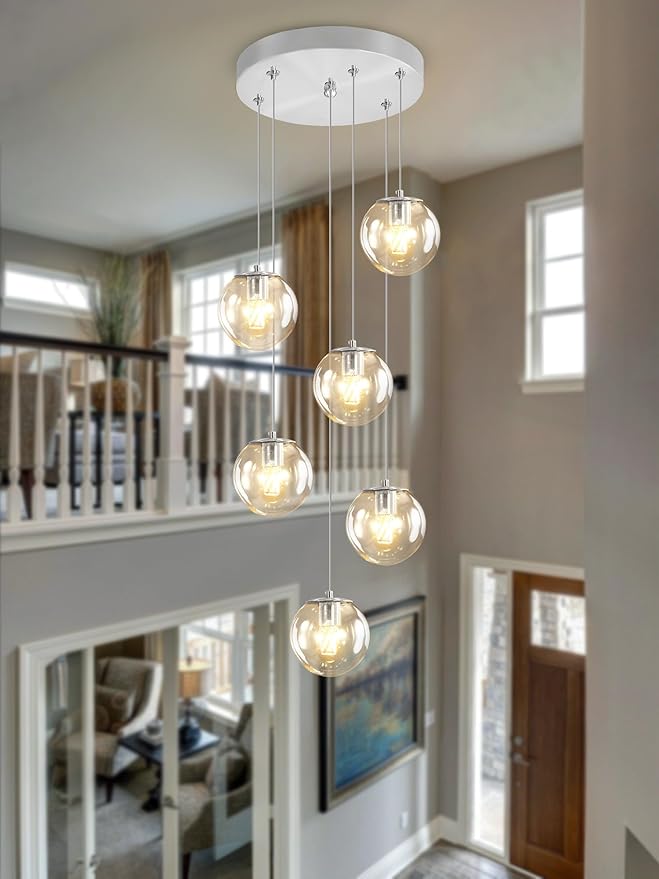 H 87in Modern Glass Globe Chandelier 6-Lights Glass Pendant Light - Image 5