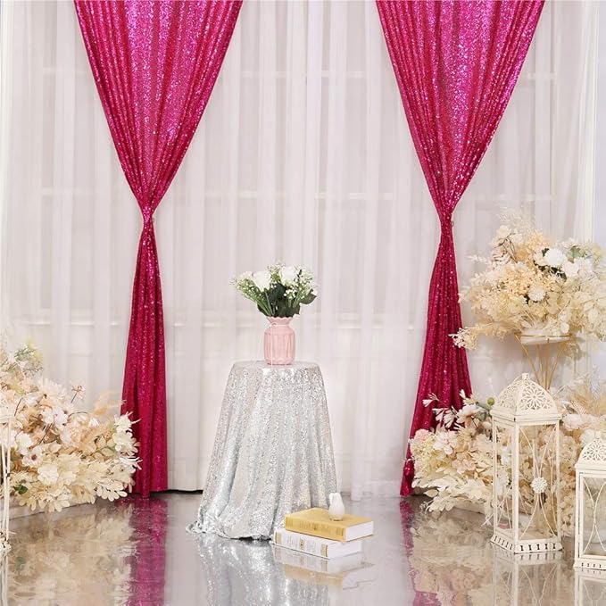 Eternal Beauty Hot Pink Sequin Backdrop Curtains, Valentine's Day Shimmer Back - Image 5