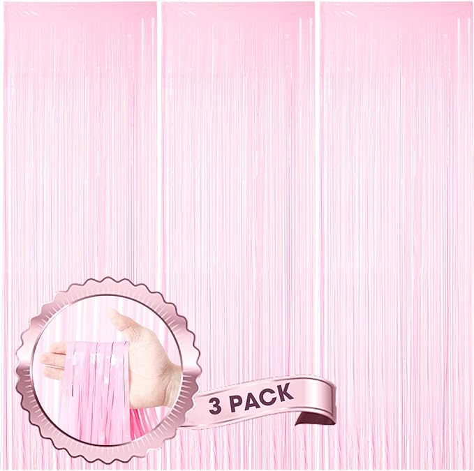 3 Pack 3.3 x 8.2 ft Pasel Pink Foil Fringe Backdrop Curtains, Tinsel Streamers by Voircoloria