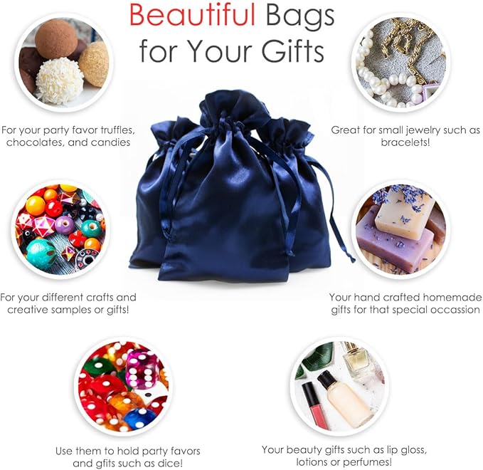 Knitial 6" x 9" Navy Blue Satin Gift Bags, Wedding Favor Drawstring Bags Baby - Image 2