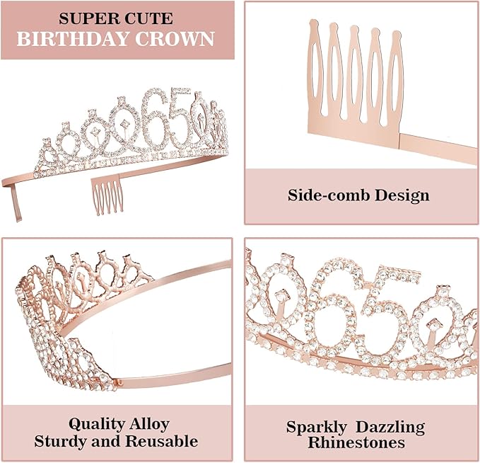 65th Birthday Decorations for Women, Including Sash, Crown/Tiara, Cake Topper - Image 3