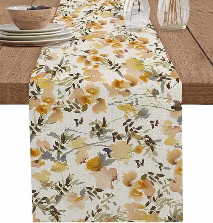 Vintage Orange Flower Cotton Linen Table Runner by Unknown