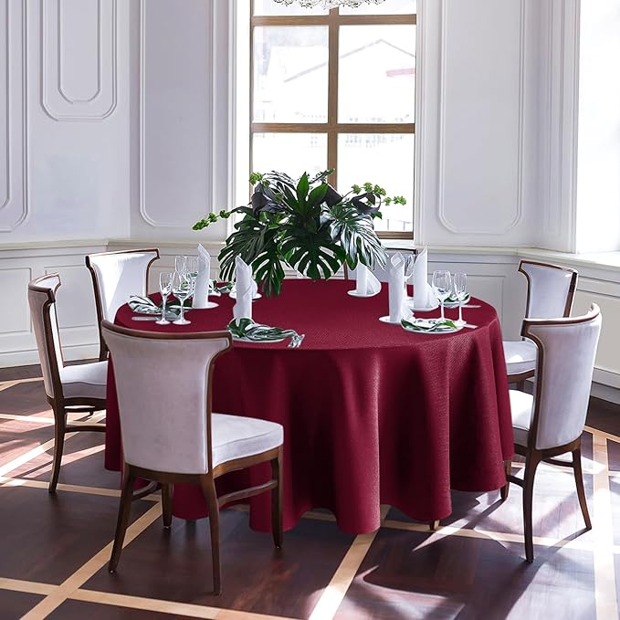 Biscaynebay Textured Fabric Christmas Round Table Cloth 90", Burgundy Water - Image 2