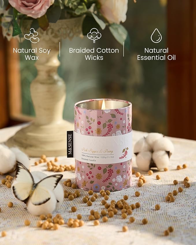 M&SENSE Pink Pepper Peony Scented Candle, Medium Jar Candle 11.3oz Natural Soy - Image 3