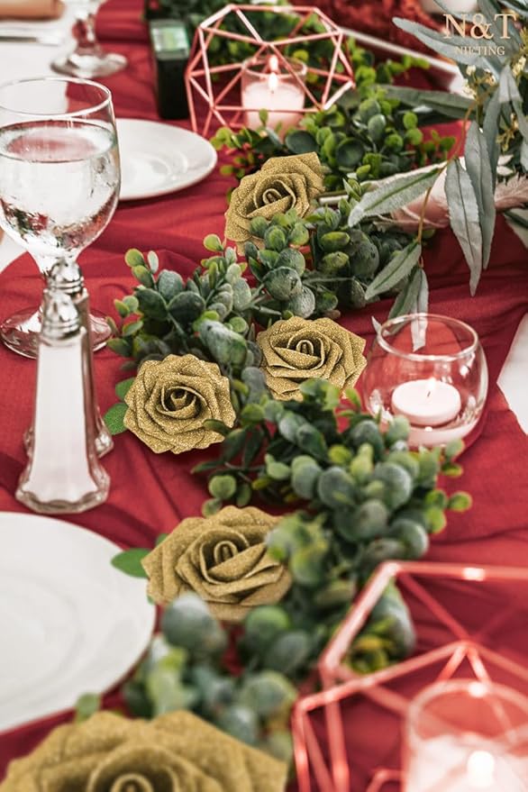N&T NIETING Artificial Flowers Glowing Gold Flowers Foam 25pcs Glitter Roses - Image 2