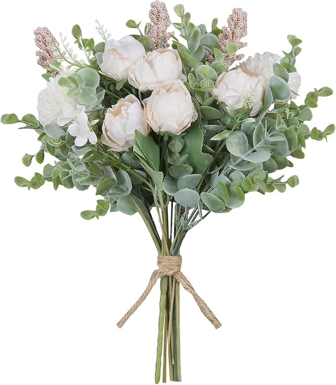 Meldel 3Pcs Rose Bouquet Light Champagne Artificial Flowers Peony Eucalyptus by Meldel
