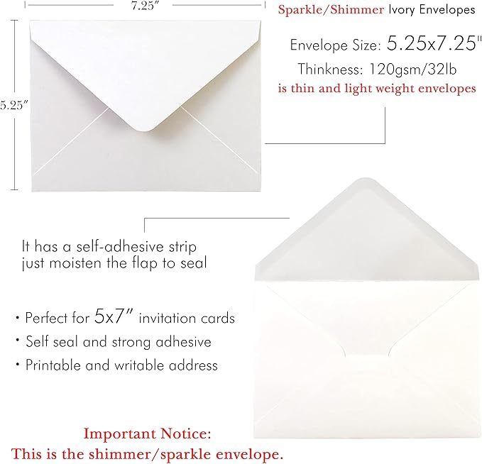 PONATIA 50 PCS/Pack A7 Envelopes, 5.25 x 7.25'' Sparkle Ivory Envelope - Image 2