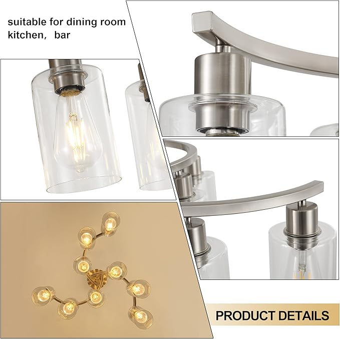 9-Light Brushed Nickel Glass Chandelier, Adjustable Height Hanging Industrial - Image 7