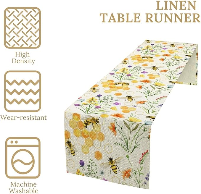 Summer Bee Table Runner, Seasonal Spring Wildflowers Bee Yellow Honeycombs - Image 3