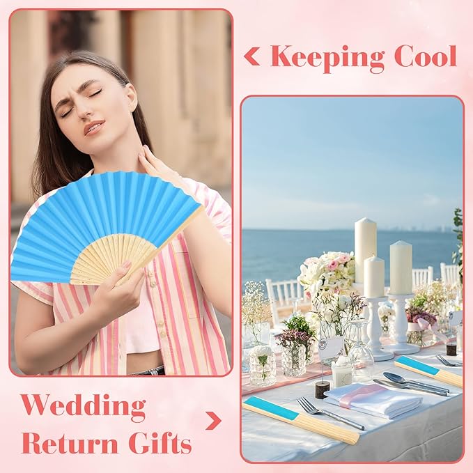 6 Pieces Blue Hand Held Bamboo Folding Fans Foldable Paper Fans Handheld - Image 5