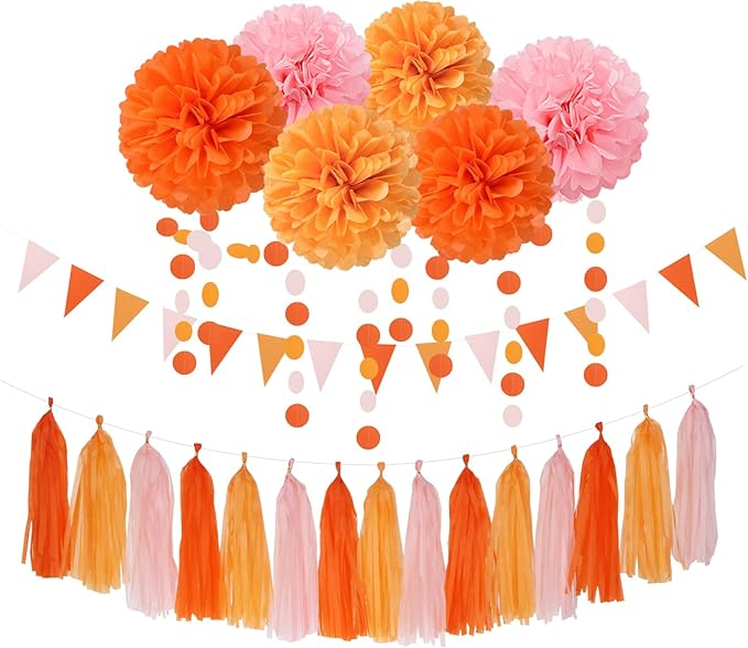 Pink-Orange Groovy Party-Decorations Pom-Poms Streamers by LastingSurprise