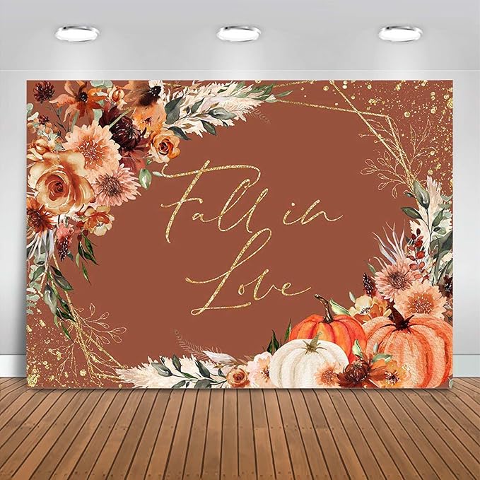 Mocsicka Fall in Love Bridal Shower Backdrop Boho Autumn Leaves Pumpkin Bride by Mocsicka