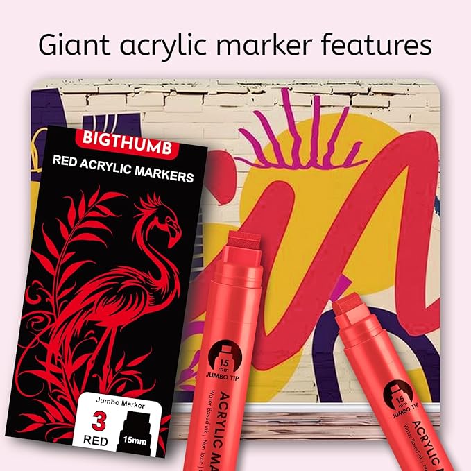 3 Pcs Red Jumbo Permanent Markers: 15mm Wide Tip Thick Acrylic Paint Pen Large - Image 6