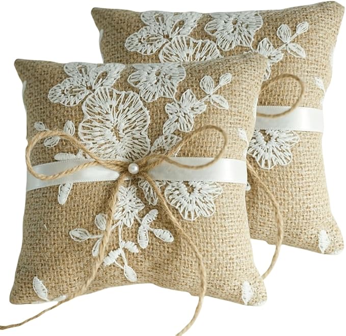 QIRMIZI 2PC Vintage Rustic Burlap Ring Bearer Pillow by QIRMIZI