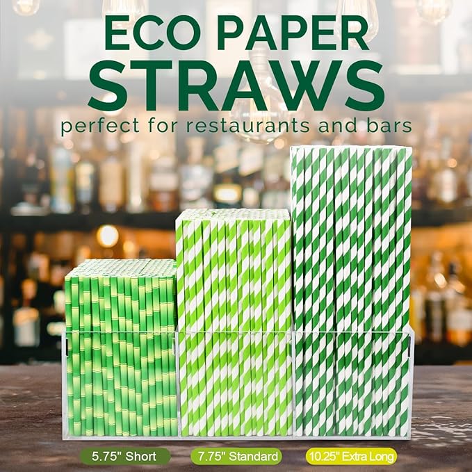 7.75 Inch Green/White Striped Paper Drinking Straws Bulk, 100% Biodegradable - Image 4