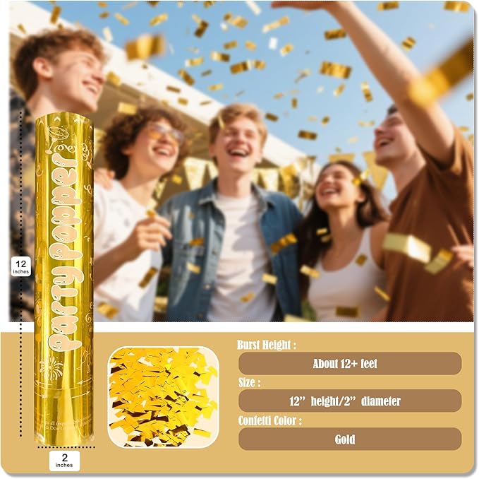 12 Inch Gold Confetti Poppers | 5 Pack Confetti Cannons - Image 3