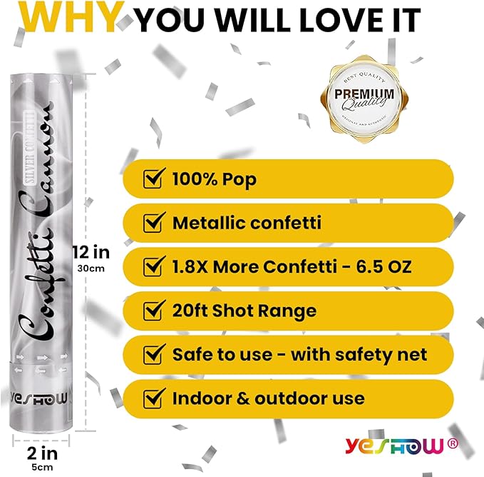 Confetti Cannon Party Poppers Shooters, YESHOW Confetti Blaster Silver Metallic - Image 3