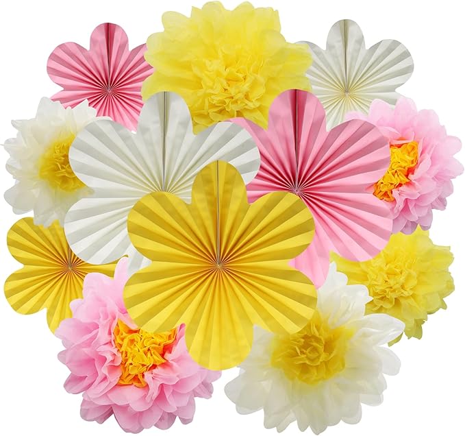 BestoFun 12PCS Paper Flowers Fans Pink Yellow Party Decorations Tissue Paper by Unknown