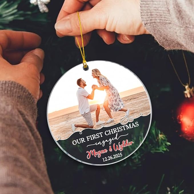Our First Christmas Engaged Ornament, Customized Name Date & Photo Couple Just - Image 4