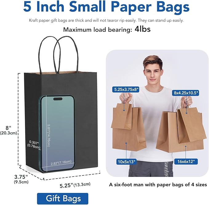 GSSUSA Kraft Paper Gift Bags 5.25x3.75x8'' 20 Pcs, Bulk Kraft Gift Bag - Image 2
