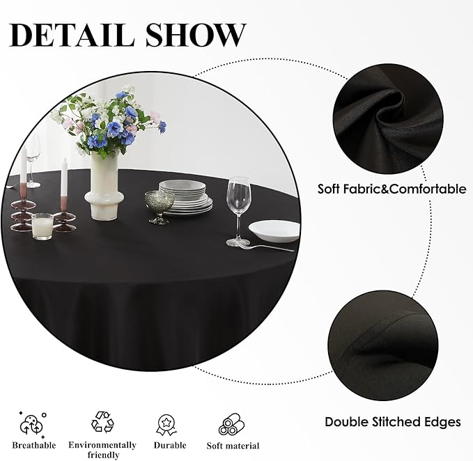 Round Tablecloth 132 Inch 2 Pack Black Tablecloths Washable Decorative Linen - Image 4