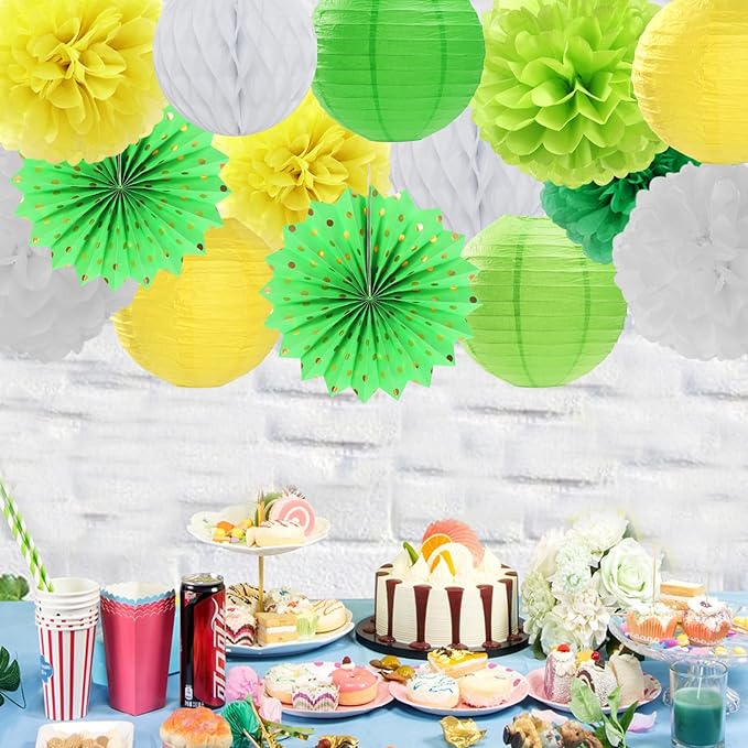 Yellow-White Green Party-Decorations Streamers-Lanterns - Image 7