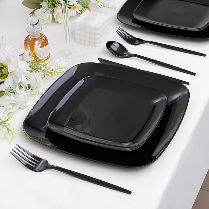 PULOTE 60PCS Black Square Plastic Plates Disposable - Image 7