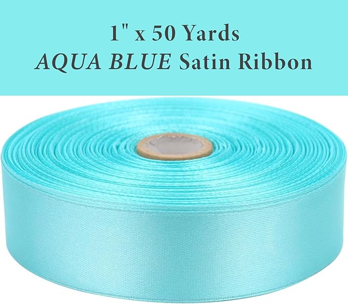 1" x 50 Yards Aqua Blue Satin Ribbon Single Faced Fabric Ribbons - Image 2