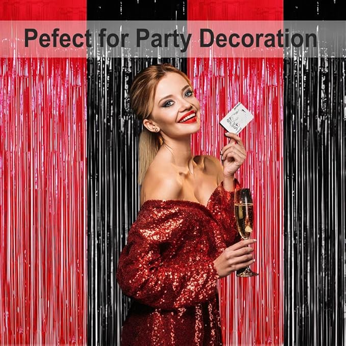 Red and Black Party Decorations- 4 Pack of 3.2x8.2ft Foil Fringe Curtains - Image 2