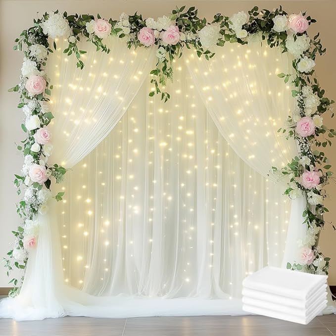 Fomcet Tulle Curtains with Lights String Ivory 20FT X 10FT Sheer Backdrop by Fomcet