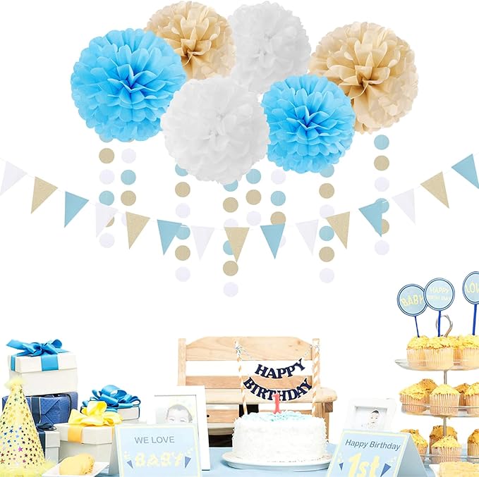 Light-Blue White Boho Champagne-Gold Party-Decorations - Image 4