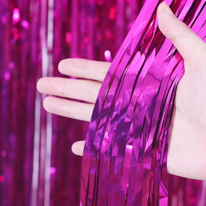 3 Pack 3.3x8.2 Feet Pink Foil Fringe Backdrop Curtains, Tinsel Streamers - Image 2