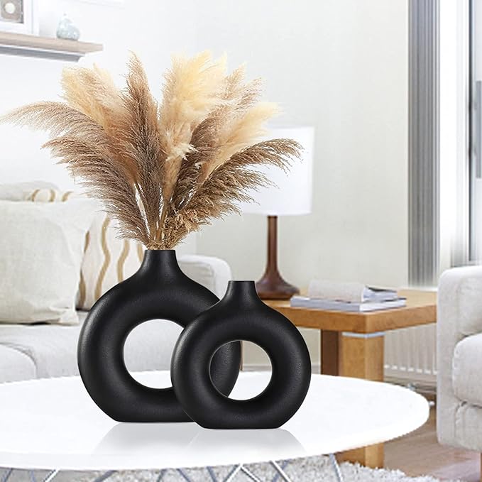 Black Ceramic Vase Set of 2 for Modern Boho Decor, Round Matte Pampas Flower - Image 4