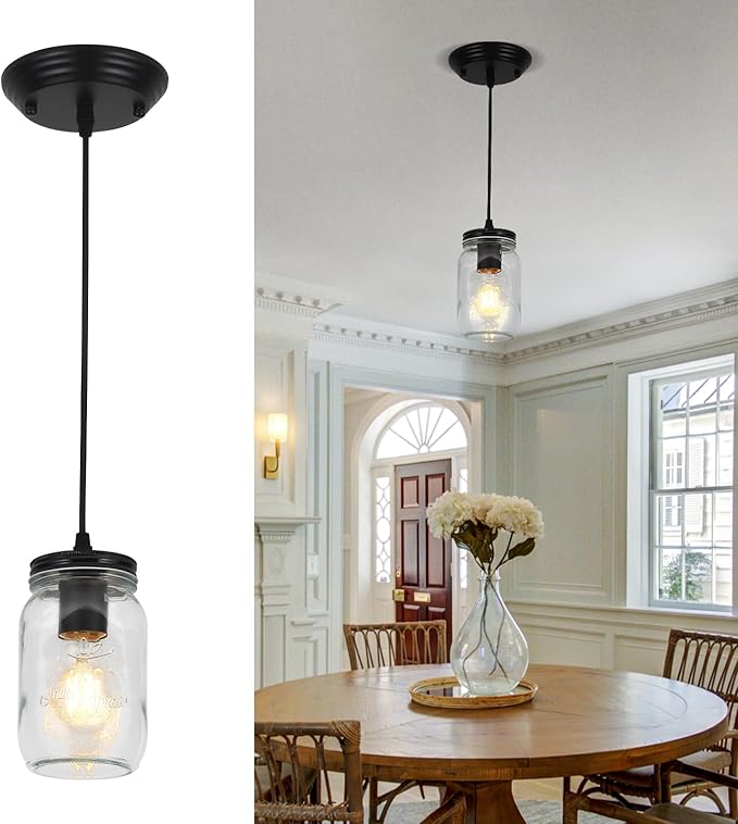 Glass Pendant Lights Kitchen Island, 1-Light Black Pendant Light Fixtures by USHEDHOME